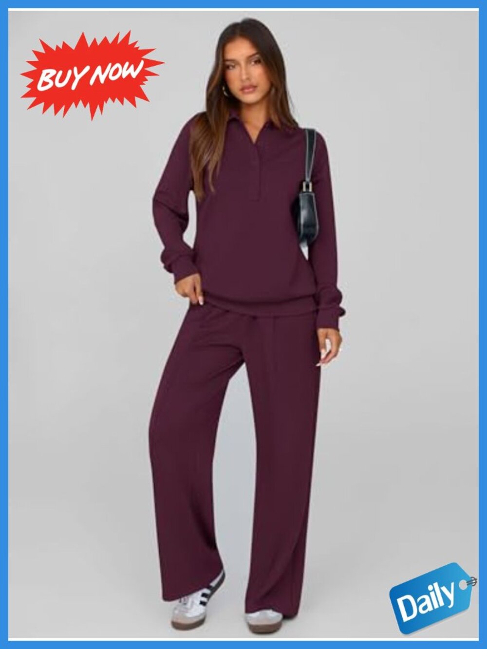 Womens 2 Piece Sweatsuit Set Quarter Button Wide Leg Lounge Travel Outfit - Picture 3 of 6